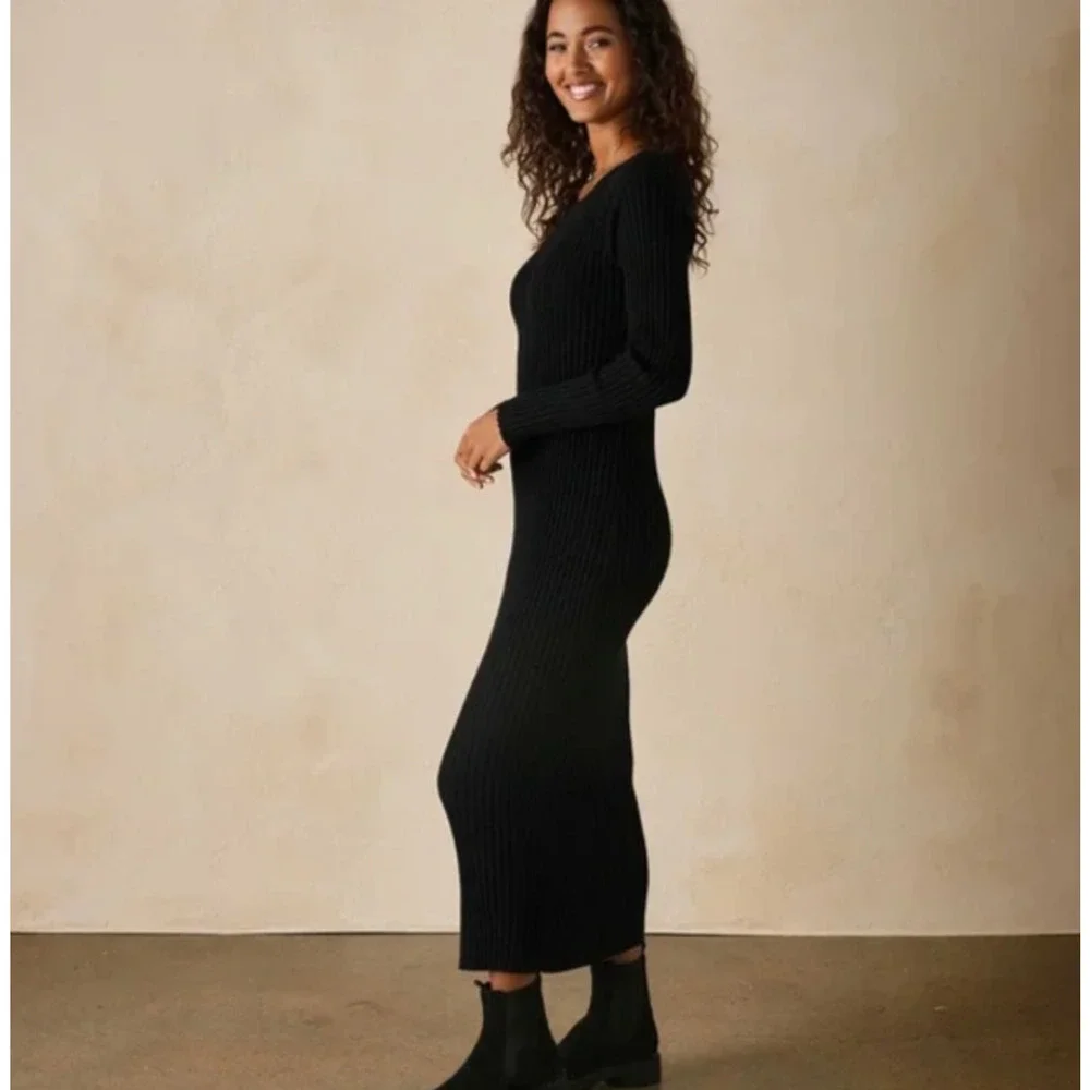 $150 The Normal Brand Rib Dress 100 Cotton Ava Black Maxi LongSleeve Bodycon XL - Picture 3 of 13
